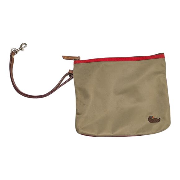Vintage Dooney and Bourke Nylon Clutch Wristlet Pouch Tan Embroidered Duck Red - Picture 1 of 6